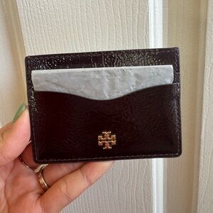 Tory Burch Patent Card Case — Dark Burgundy with Gold Logo